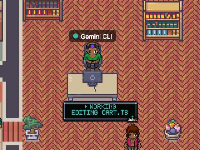 Gemini CLI in an example Nocville office: An LED activity ticker on the front of its desk.