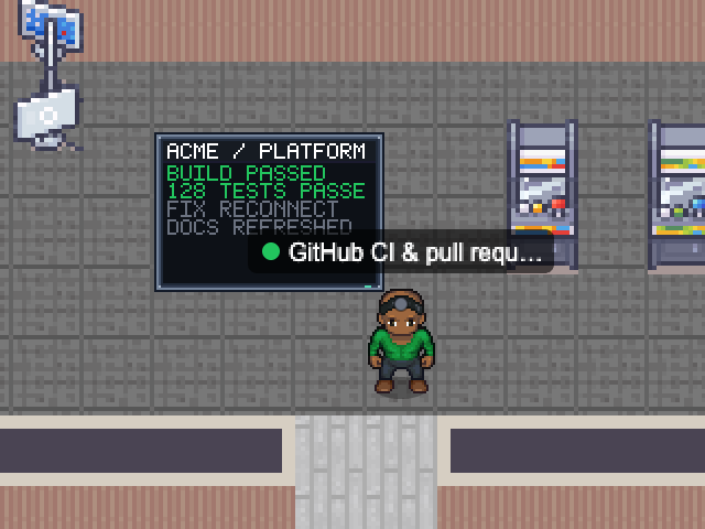 GitHub CI & pull requests in an example Nocville office: A ticker with the latest runs.